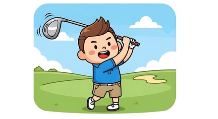 Cartoon illustration of a young boy swinging a golf club on a green course.