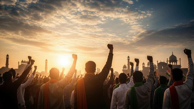 Crowd Protesting Raising Fists Against Skyline at Sunrise Gathering