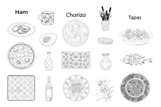 A collection of sketched spanish tapas and accompanying elements