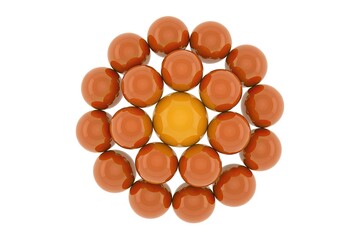 Orange and yellow candy coated chocolate balls arranged in a circular pattern, top view isolated on white