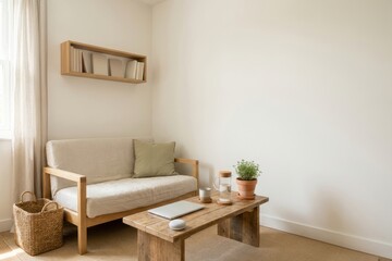 Minimalist living room with wooden sofa, coffee table and blank wall