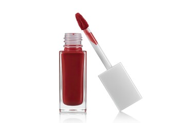 Red liquid lipstick in clear glass tube with applicator wand, cosmetic product isolated on white
