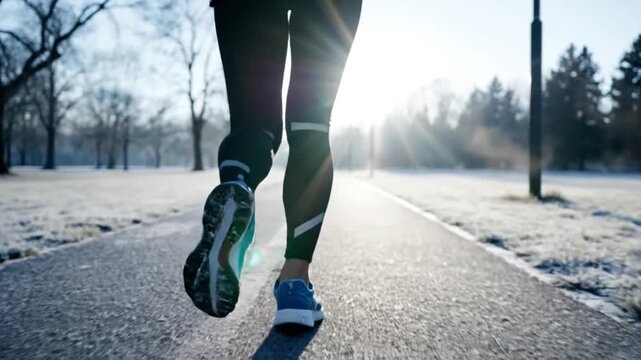 Woman Running on Snowy Road Fitness.