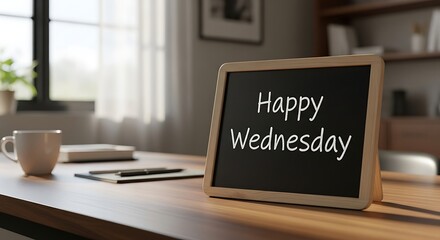 Happy Wednesday Message on Chalkboard in a Cozy Home Office.