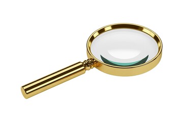 Golden magnifying glass with clear lens and ornate handle, isolated on white