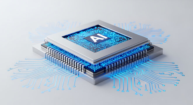 Futuristic 3D rendering of an advanced artificial intelligence processor chip with luminous blue electronic circuit connections isolated on a minimalist white backdrop representing technology.