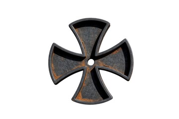 Rustic dark metal cross with textured surface and rust details, isolated on white