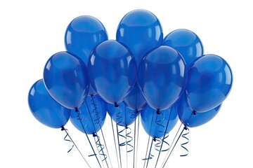 Bunch of shiny royal blue latex balloons with curling ribbons, celebration party decoration, isolated on white