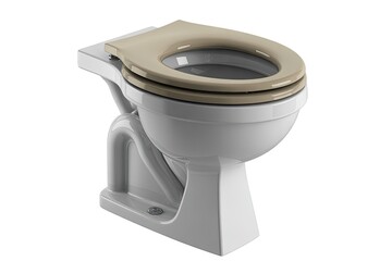 White ceramic toilet with beige seat and lid, sanitary ware for bathroom or restroom, isolated on white