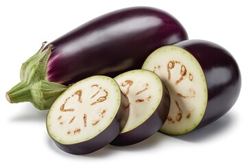 Fresh purple eggplant and sliced aubergine pieces with green stem, healthy organic vegetable, isolated on white