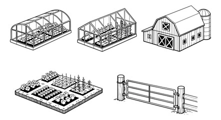 Naklejka premium Hand drawn line art farming elements set featuring greenhouses, a barn, a garden, and a gate for agricultural concepts