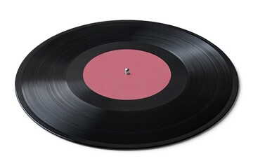 Black vinyl record with blank pink label, retro music disc, isolated on white