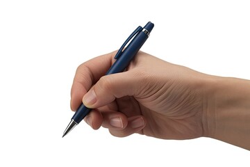 Hand holding a dark blue metallic ballpoint pen, poised to write, isolated on white