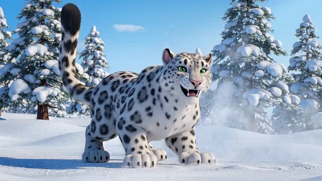 Snow leopard running in snowy forest animation.