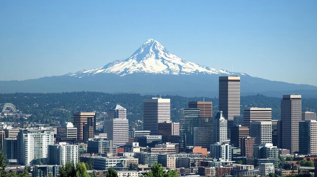 portland. Portland city skyline with modern buildings and snow-capped mountain in the distance. real-estate listings.