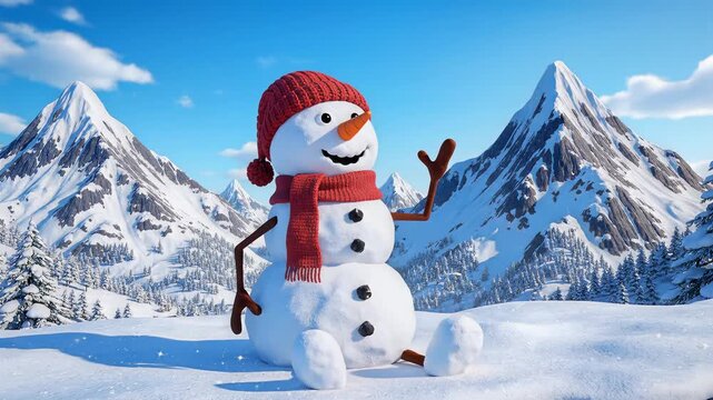 Snowman in Winter Mountain Landscape Scene.