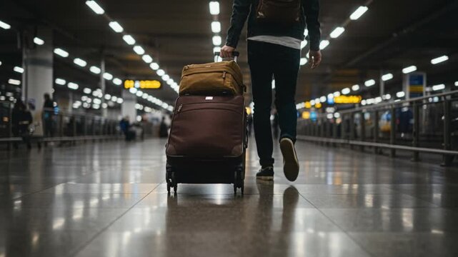 Person Walking with Luggage in Indoor Terminal Slow Motion