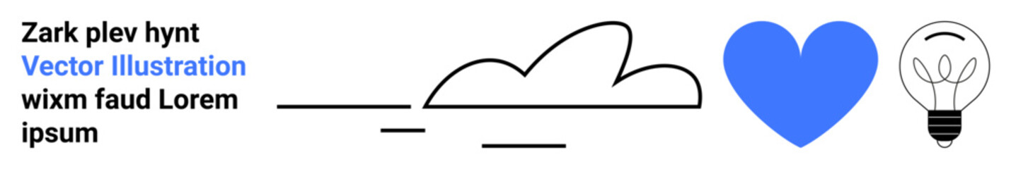 Creativity, inspiration, technology, love, innovation, minimal art. A minimalistic design of a blue heart, cloud and lightbulb. Creativity and inspiration expressed through love and innovation