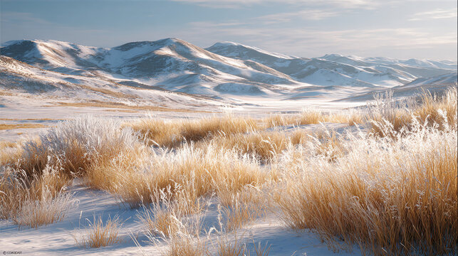 A picturesque snow-covered landscape with golden grass in the foreground and mountains in the background