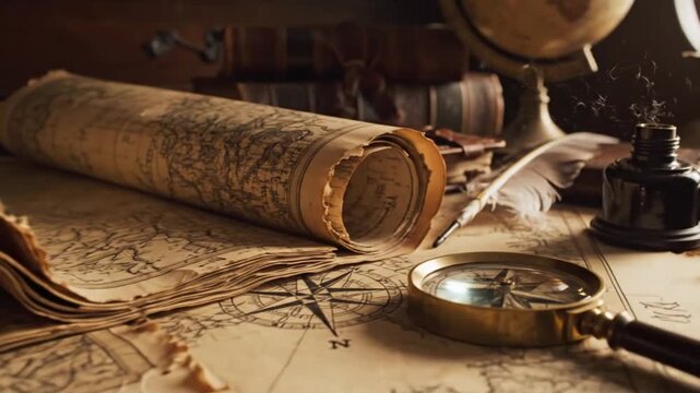 Vintage map and compass on a wooden desk with old globe and scroll nearby in a study