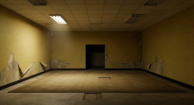 Empty square room with alone in the backrooms liminal space