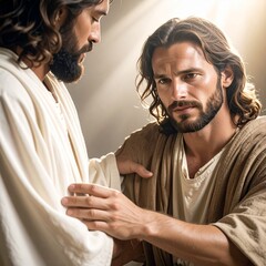 Jesus Christ Ministering to a Man with Compassion and Divine Light.