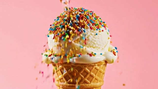 Colorful sprinkles falling vanilla ice cream cone pink background sweet dessert.