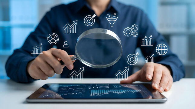 Businessman holding magnifying glass over digital tablet screen analyzing data,seo search engine optimization research,marketing strategy audit and business analytics concept