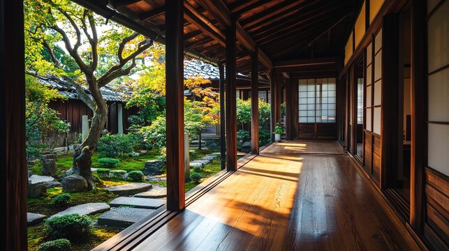 engawa. Traditional Japanese wooden engawa connecting room to stone garden, soft natural light. real-estate listings.