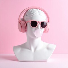Modern Bust with Headphones and Sunglasses Blowing Bubblegum.