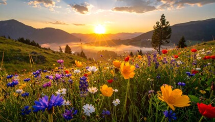 Fototapeta premium Vibrant sunset over mountain landscape with wildflowers in full bloom during golden hour