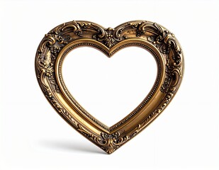Ornate gold heart-shaped frame on white background, elegant empty antique design.