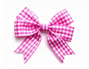 Pink and White Gingham Bow Isolated on White Background.