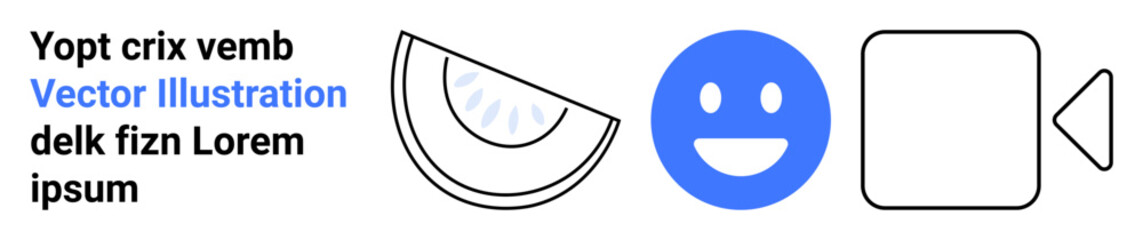 Fototapeta premium Social media, communication, digital content creation, modern icons, minimalism, UX design. Watermelon slice, smile face and video camera icon on white background. Social media and communication