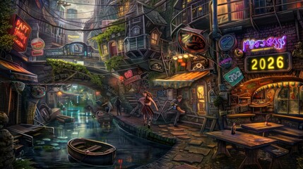 Futuristic Urban Canal Scene with Neon Signs and Floating Buildings in Night Setting