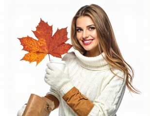Smiling Woman in White Sweater Holding Autumn Maple Leaf.