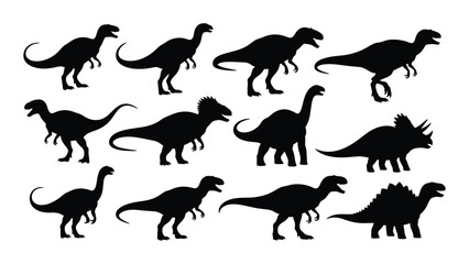 A diverse collection of dinosaur silhouettes in various poses and orientations Vector © Bipul