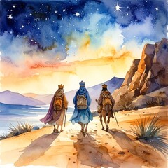 Three Wise Men Journeying Under a Starry Desert Sky Watercolor.