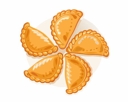 Five golden empanadas arranged in a floral pattern on a light background