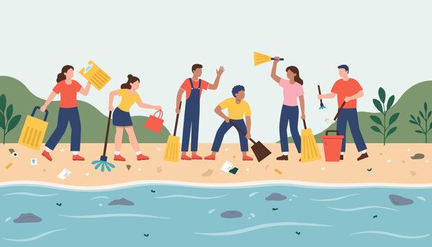 Community members cleaning beach while collecting trash by water  