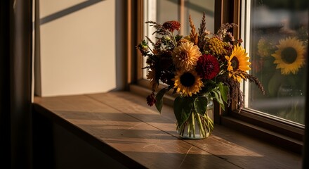 Fototapeta premium Vibrant floral arrangement on windowsill illuminated by warm sunlight indoors