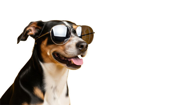 medium-sized, tri-color mixed-breed dog posing confidently in oversized mirrored aviator sunglasses against a vibrant sunny yellow studio backdrop, mouth open panting. concept for summer fun