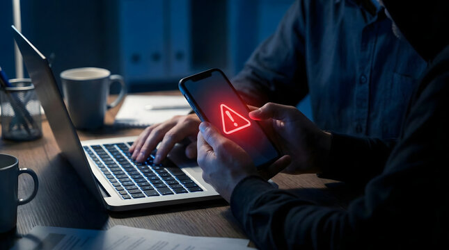 Hacker holding smartphone with red warning triangle alert on dark screen,concept of mobile cyber security threat and malware virus,phishing scam fraud and data privacy breach risk.