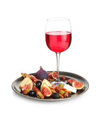 Tray, Grissini with tasty jamon, figs and glass of red wine isolated on white background