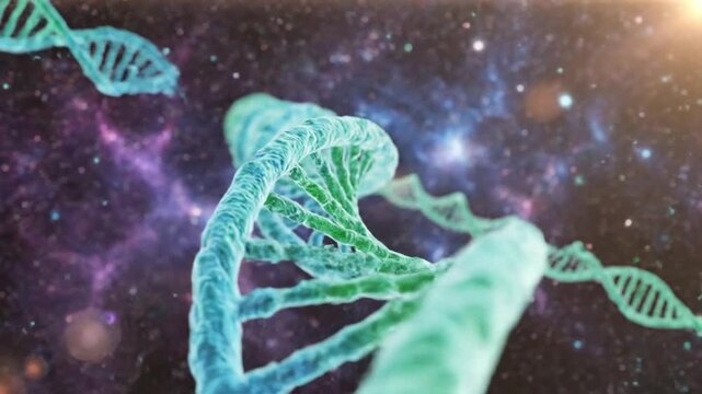 DNA molecules floating in outer space, a surreal cosmic scene of genetic material