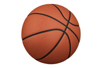 Close up of an orange basketball with black lines on a white background sport game