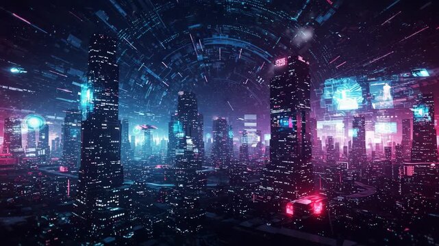 Futuristic Cityscape at Night with Towering Structures Amidst a Glowing Digital Network in Blue and Pink Color Scheme with Artificial Lights