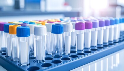 Neat rows of laboratory test tubes with various colored caps, prepared for medical research, diagnostic experiments, and scientific analysis in a professional lab setting
