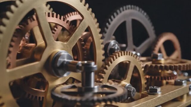 Intricate clockwork mechanism with interlocking gears and mechanical parts in motion from a close-up viewpoint