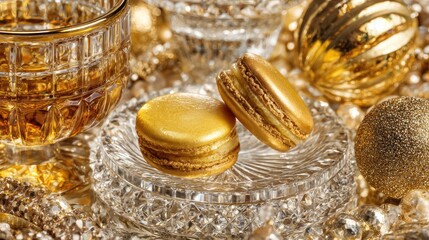 Golden Macarons on Crystal Plate with Gold and Glitter Ornaments for Festive Celebration